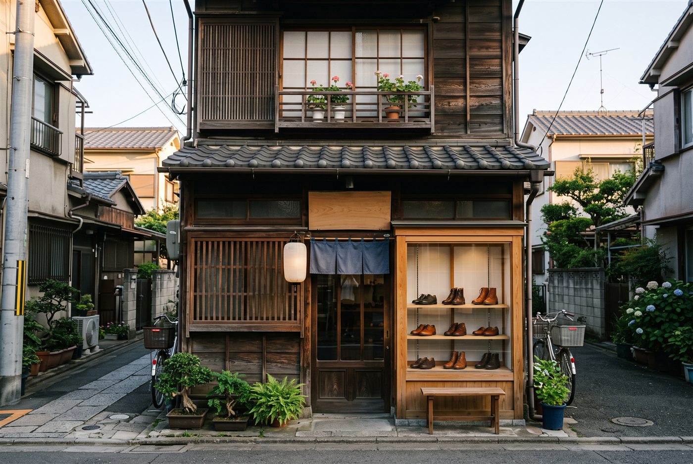靴工房あゆみの外観。木造二階建て、ショーウィンドウに革靴が並ぶ